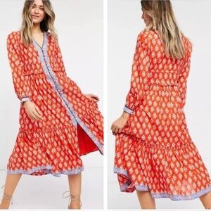 NWT J Crew Button-up Tiered Midi Block Print Classic Dress Cerise Cove Red sz 4